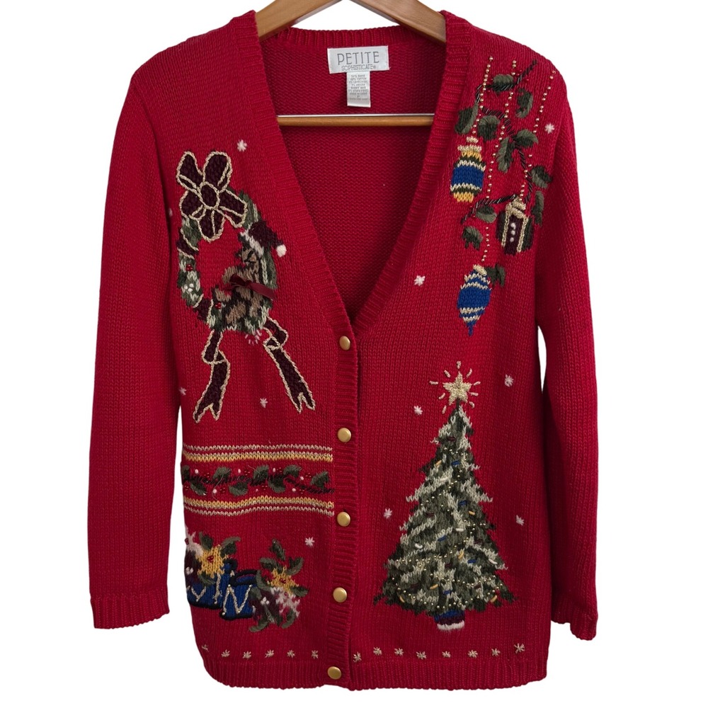 Vintage Petite Sophisticate Christmas‎ Sweater Cardigan Red Tree Wool Beaded P